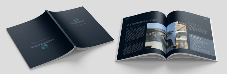 Lösung: exemplarische Doppelseite | Broschüre für INOX-COLOR und DESIGNFACTORY