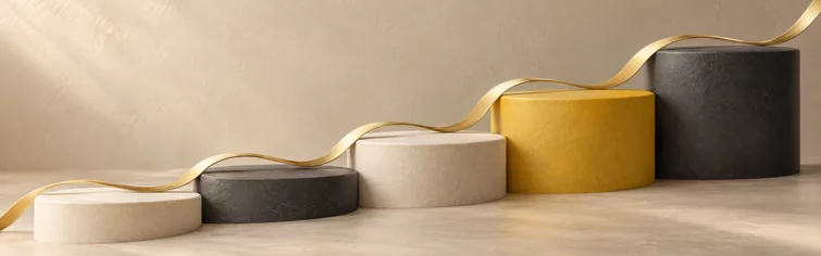 Förderung einfach erhalten Aufsteigende Podeste in Beige, Schwarz und Gelb mit goldenem Band